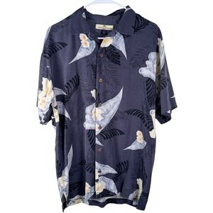 Tommy Bahama Mens Small Silk Tropical Floral Camp Shirt Charcoal Grey resort